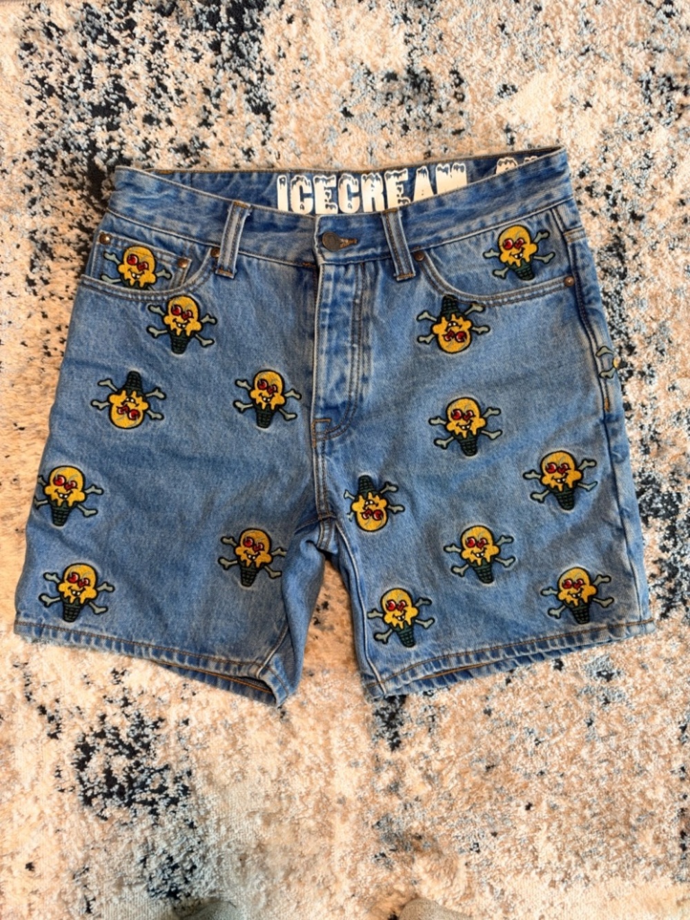Ice Cream “Cones n Bones” Embroidered Denim Shorts
